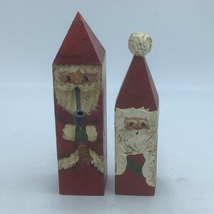 Two Hand Painted Wood Fence Post Santas
